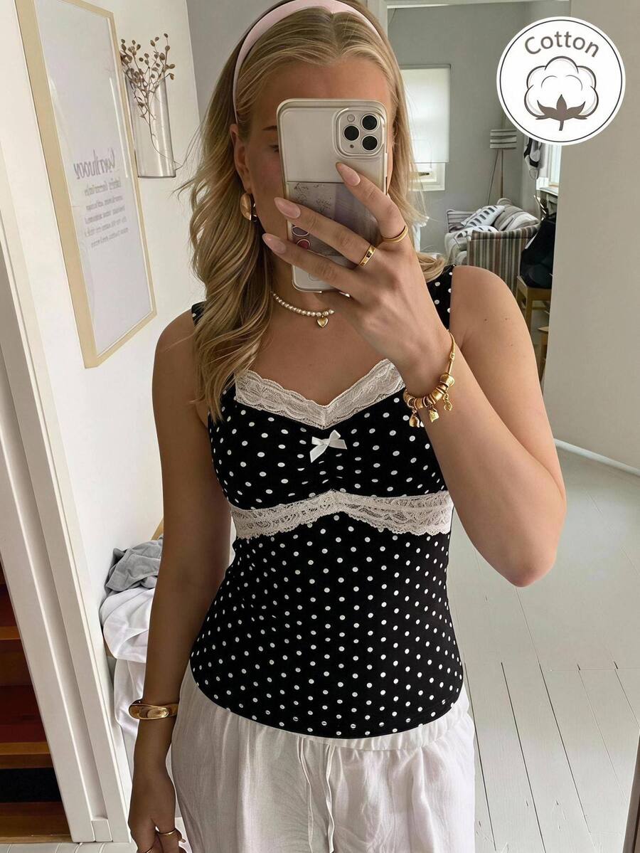 CovetEZ Tank Top Wanita Motif Polkadot dengan Hiasan Pita Renda Kontras - Hitam dan Putih - View 1