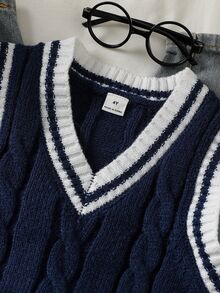 Souflis Souflis Young Boy Striped Colorblock Cable Knit Vest - Navy Blue - View 3