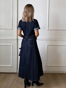 DAZY Women's Front Button Long Denim Dress - Blue - View 4