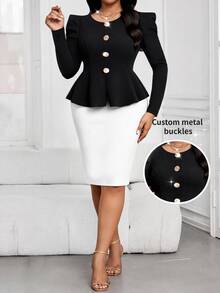 SHEIN Lady Plus Size Women's Button Design Ruffle Hem Cardigan And Bodycon Skirt Elegant 2 Pieces Set - Black and White - View 1