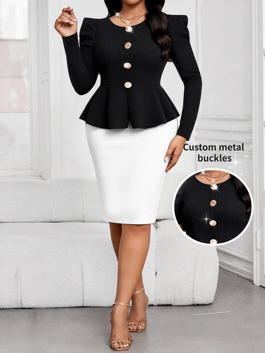SHEIN Lady Plus Size Women's Button Design Ruffle Hem Cardigan And Bodycon Skirt Elegant 2 Pieces Set - Black and White - View 1