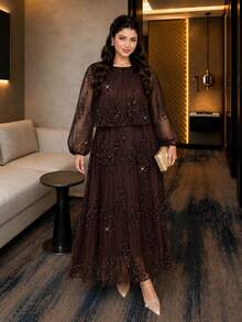 Auveirra Plus Size Elegant Sequin Party Dress Fall - Brown - View 7