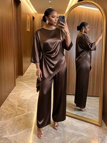 SHEIN Lady Plus Size Women Lace Patchwork Top And Pants Casual Everyday 2 Pieces Set - Brown - View 4