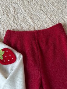 SHEIN 2pcs Multicolor Baby Girl Sweet Strawberry Embroidery Turtleneck Top Ruffle Flare Pants Set Fall - Red - View 8