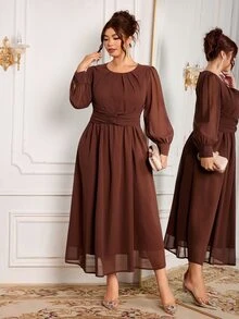 Modelyn Women's Elegant Gentle Style Round Neck High Waist Cross Knot Cinched Waist Draped Flowy Soft Plus Size Dress - Coffee Brown - View 5