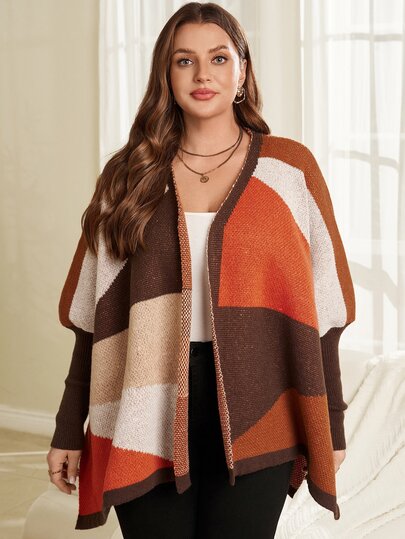 EMERY ROSE Plus Size Women's Autumn/Winter Casual Vacation Country Geometric Colorblock Knit Cape Cardigan Jacket,Winter Warm Coats,Fall,Halloween,Office,Daily