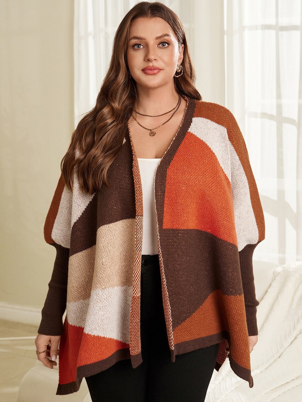 Plus Size Women's Autumn/Winter Casual Vacation Country Geometric Colorblock Knit Cape Cardigan Jacket,Winter Warm Coats,Fall,Halloween,Office,Daily