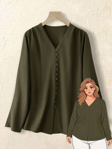 Rusticease Plus Size Women's Solid Color Casual Versatile Daily Wear Shirt - Army Green - View 8