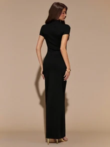 SHEIN BAE Autumn/Winter Brown Short Sleeve Fitted Ruched Ruffle Hem Maxi Elegant Knit Dress - Black - View 2
