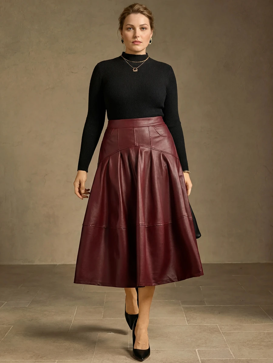 MOTF PREMIUM PLUS SIZE WOMEN'S PU LEATHER MID-LENGTH FOLD PLEATED FLARED SKIRT - Burgundy - View 1