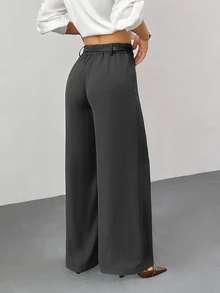 SHEIN PETITE 女款黑色純色寬腿休閒長褲附腰帶，小碼版型 - 灰色 - 查看 2