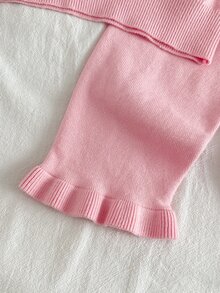 SHEIN Baby Girl Sweater Set, Light Pink Round Neck Top With 3D Floral And Twisted Letter Design + Coffee Flared Pants, Matching Soft Knit, Family Autumn - Baby Pink - View 3