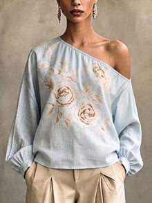 Trelyra Women's Blue Elegant Floral Print One-Shoulder Blouse, Suitable For Party And Commute - Blue - View 3