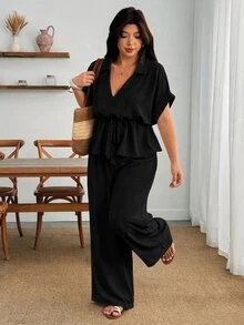 Enliva Plus Size Women Sand Linen Two Pieces Set Tie Waist Shirt Wide Leg Pants Vacation - Black - View 5