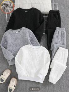 SHEIN 3件組買2送1兒童青少年男孩休閒基礎紋理針織圓領衛衣，黑色衛衣 白色衛衣 灰色衛衣，適合秋季、學校、家庭聚會、度假、派對、秋季穿搭、冬季穿搭 - 彩色 - 查看 2