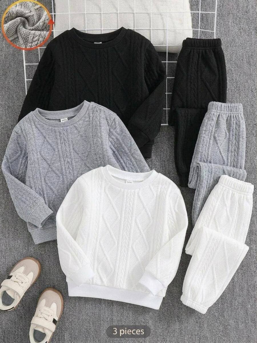 SHEIN 3件組買2送1兒童青少年男孩休閒基礎紋理針織圓領衛衣，黑色衛衣 白色衛衣 灰色衛衣，適合秋季、學校、家庭聚會、度假、派對、秋季穿搭、冬季穿搭