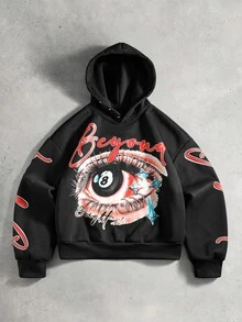 ROMWE MEN Men's Letter & Eye Print Long Sleeve Casual Hoodie Sweatshirt - Black - View 6