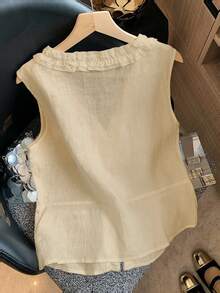 SHEIN Franclia 女款收腰荷葉邊下擺V領荷葉邊飾無袖優雅法式休閒米白色女式襯衫，適合早午餐、夏季度假 - 卡其色 - 查看 3