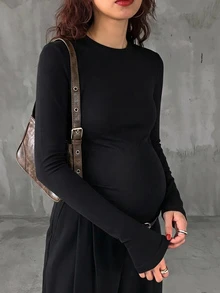 DAZY Solid Color Slim Fit Elastic Long Sleeve Crew Neck Casual Everyday Versatile Spring Autumn Top Maternity T-Shirt - Black - View 3