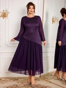 Modelyn Women's Elegant French Style High-End Round Neck Lace Patchwork Flared Long Sleeve Formal Evening Dress Plus Size - Purple - View 4