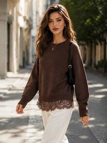 Editum Women's Solid Color Round Neck Drop Shoulder Long Sleeve Lace Hem Patchwork Sweater Brunch Dark Brown Autumn Casual - Brown - View 4