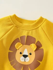 SHEIN 男嬰卡通獅子圖案針織柔軟圓領長袖套頭秋季衛衣 - 黃色 - 查看 3