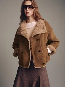 MOTF PREMIUM JAKET SUEDE HANGAT BERLAPIS TERMAL DENGAN KERAH DOUBLE-BREASTED VINTAGE - Coffee Brown - View 5