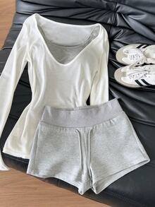 Franclia Sexy Low Neck Layered Long Sleeve Top + High Waist Sweat Shorts Home Set, Gentle Style 2 Pieces Base Layer & Casual Sports Shorts 3 Pieces Set - White - View 5