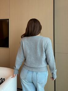Vibekara Plus Size Simple Elegant Women's Deep V-Neck Long Sleeve Cardigan Sweater, Suitable For Autumn/Winter - Grey - View 2