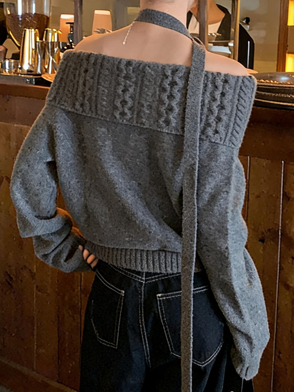 Grey Cable Knit One-Shoulder Tie Scarf Collar Slim Fit Long Sleeve Fashion Casual Knit Sweater Fall
