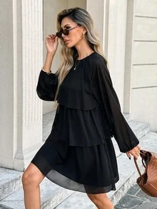 Serisse Women's Solid Color Round Neck Lantern Sleeve Patchwork Ruffle Hem Elegant Dress - Black - View 8