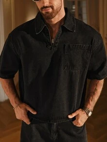 AXEPEAK 男士大尺碼休閒翻領牛仔襯衫，適合日常穿著與旅行的多功能款式 - 黑色 - 查看 1
