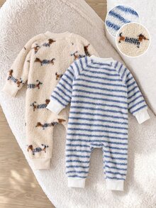 SHEIN Playful Pals 嬰兒絨毛抓絨熊圖案與素色拉鍊連身衣套裝 2件組 秋冬款 - 藍色 - 查看 2