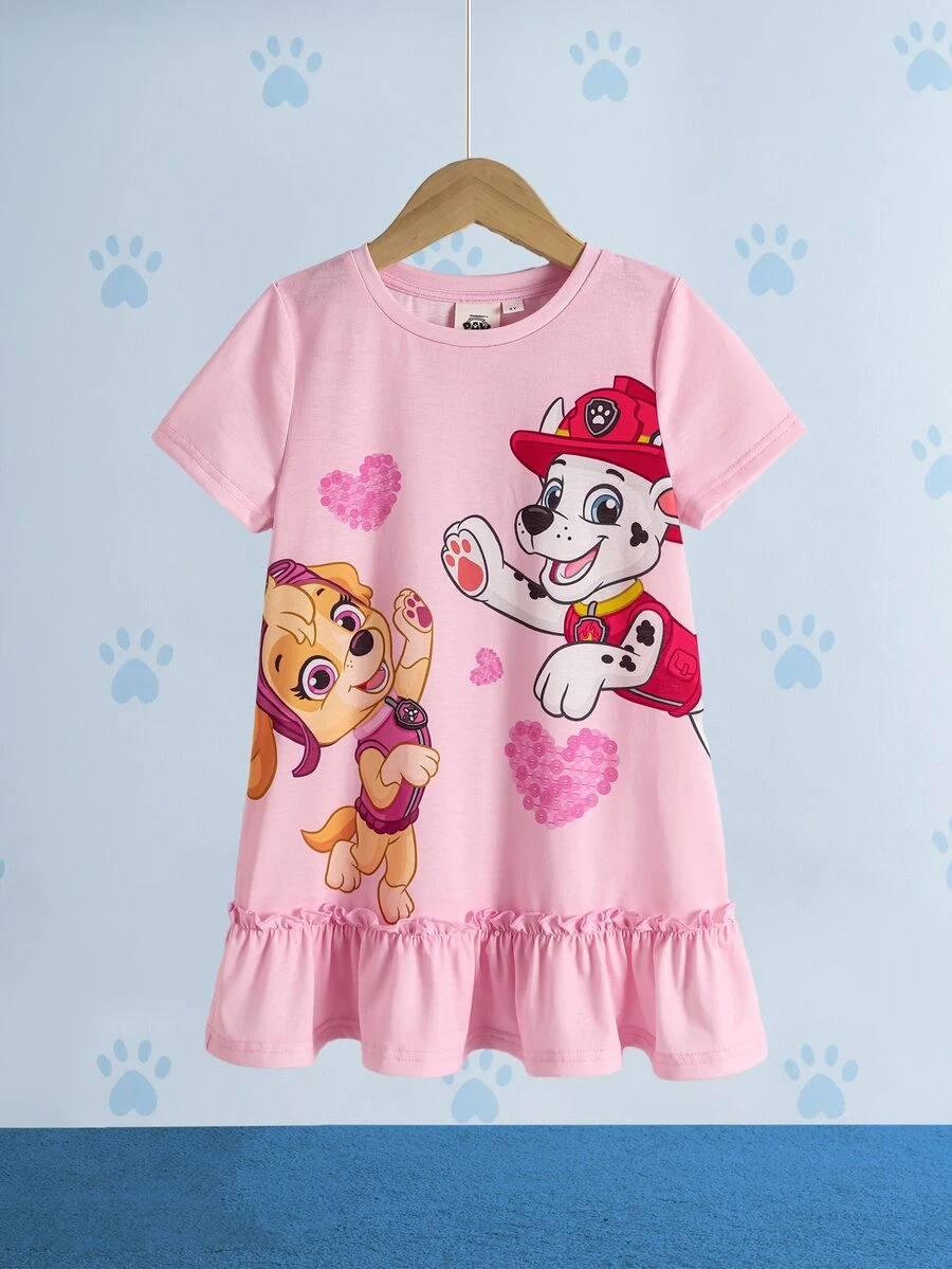 SHEIN | PAW Patrol Gaun Anak Perempuan Muda Kerah Bulat Lengan Pendek dengan Hiasan Rumbai di Bagian Bawah - Berwarna merah muda - View 1
