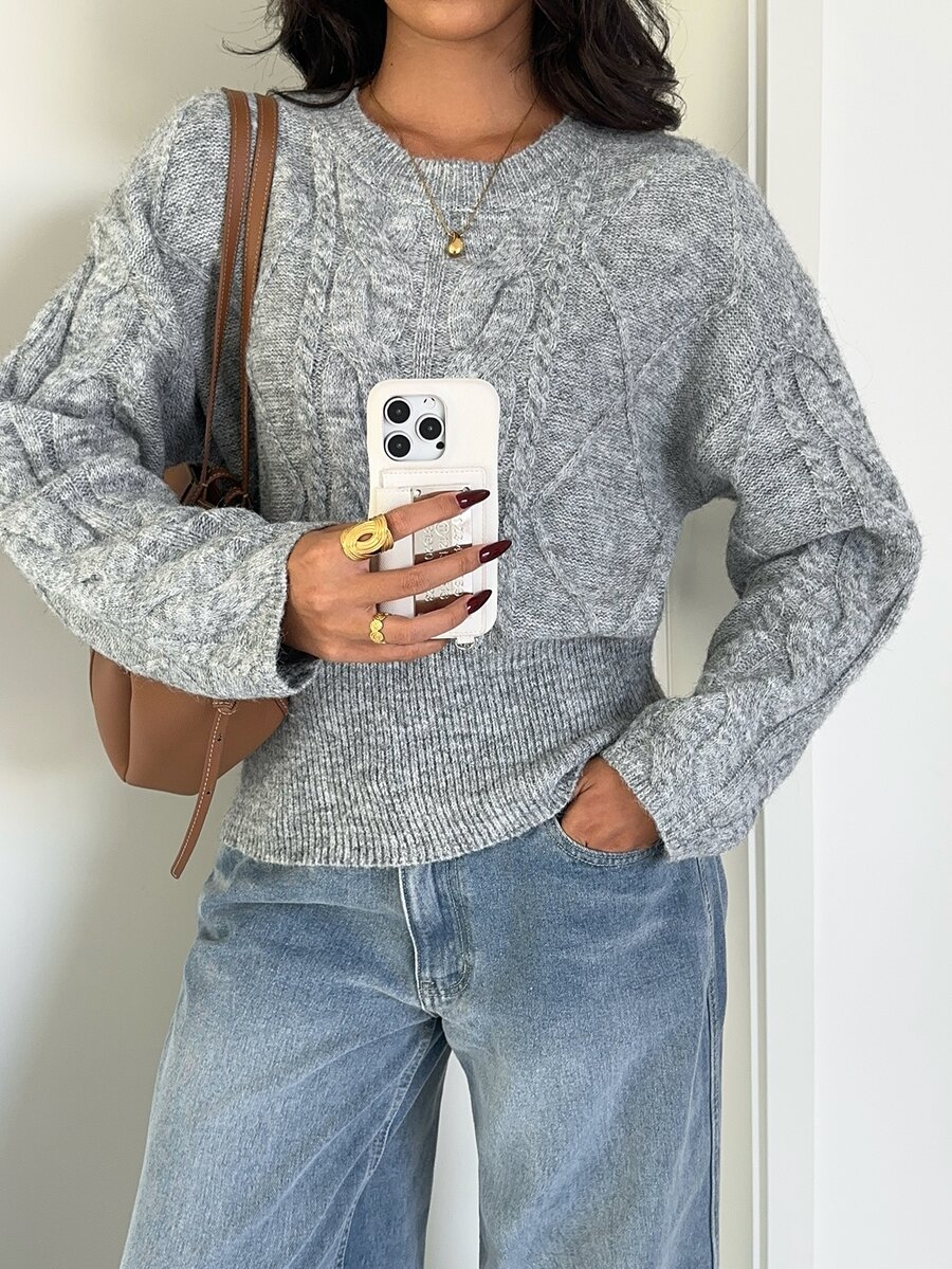 Aloruh Women's Casual Ribbed Patchwork Long Sleeve Everyday Sweater Knit Turtleneck Women Fall Winter Sweater - Grey - View 1