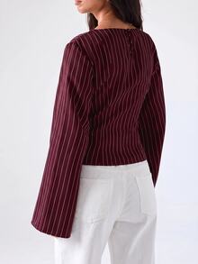 LYSMO Women's Striped Waist-Cinching Fashion Long Sleeve Business Shirt - Burgundy - View 2