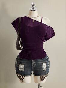 SHEIN ICON Plus Size Solid Color Asymmetrical Collar T-Shirt, Summer - Purple - View 4
