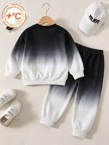 2pcs Boys Fall Style Black White Color Block Gradient PARIS Letter Print Long Sleeve Sweatshirt & Pants Set Casual Fashion Autumn Winter - Blue - View 2