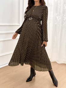 SHEIN Maternity Gentle French Polka Dot Print Long Sleeve Dress - Brown - View 1