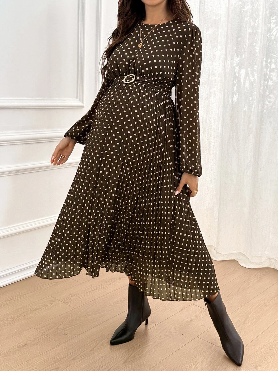 SHEIN Maternity Gentle French Polka Dot Print Long Sleeve Dress - Brown - View 1
