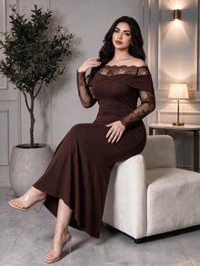 Feyla Plus Size Elegant Elegant Lace Patchwork Mermaid Dress - Coffee Brown - View 5