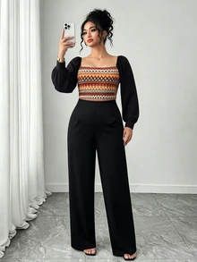 SHEIN LUNE جمبسوت نسائي للخريف/الشتاء للعطلات بتصميم هندسي مرقع وألوان متباينة وياقة مربعة وأكمام فانوس طويلة وساق واسعة - متعدد الألوان - مشاهدة 5
