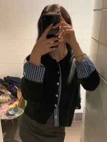 DAZY Black Round Neck Plaid Patchwork Cuff Button Long Sleeve Casual Knit 2 In 1 Cardigan Sweater Fall - Black - View 2