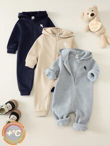 SHEIN 3件組嬰兒男嬰女嬰灰色秋冬加厚刷毛鬆針軟綿連帽長袖拉鍊基本連身衣 多件裝嬰兒連身衣 秋冬連身衣 - 彩色 - 查看 1