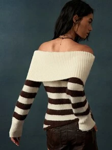 Bohemela Vintage Contrast Stripe Cold Shoulder Drawstring Pullover Sweater - Multicolor - View 7