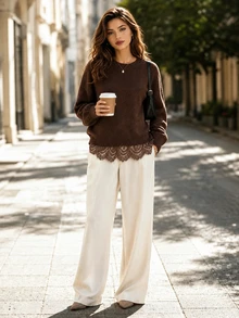 Editum Women's Solid Color Round Neck Drop Shoulder Long Sleeve Lace Hem Patchwork Sweater Brunch Dark Brown Autumn Casual - Brown - View 6