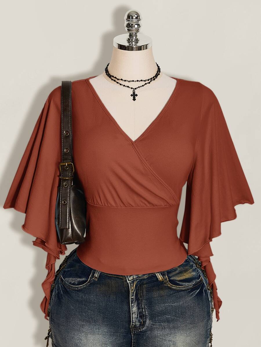 SHEIN ICON 大尺碼女款純色V領休閒日常T恤 - 摩卡棕 - 查看 1