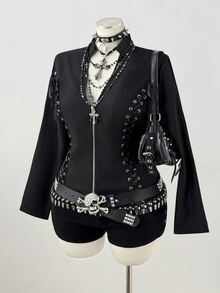 Sunspun Plus Size Dark Style Eyelet Webbing Patchwork Open Front Zipper Long Sleeve Shirt Fall - Black - View 5