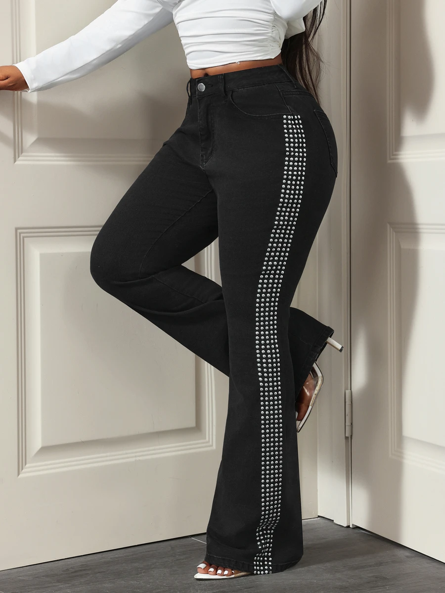 BamGleam Women's Outdoor Fashion Stretch Silver Foil Large Rivet Applique Black Denim Flare Pants - Black - View 1