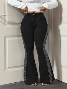 BamGleam Women's Outdoor Fashion Stretch Silver Foil Large Rivet Applique Black Denim Flare Pants - Black - View 4